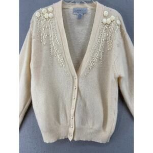Lauren Cole Cardigan Women Petite PM Sweater Lambswool Angora Pearly Embroidered
